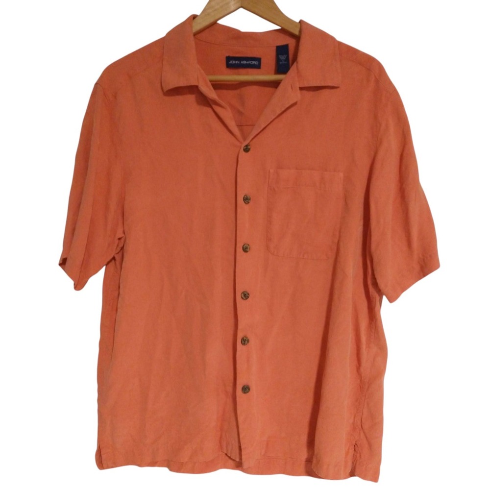 John Ashford Silk Shirt Men's Large Button Up Coral Pink Tropical Beach